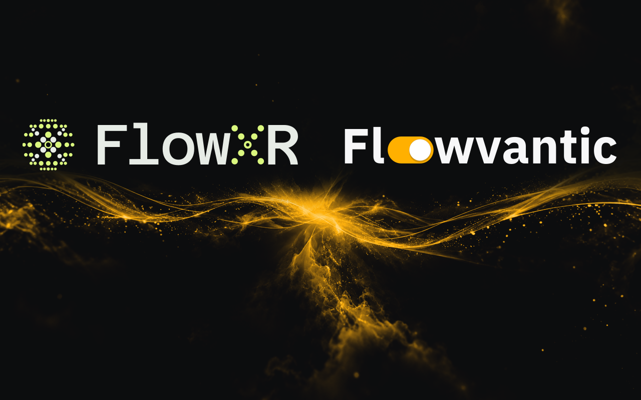 FlowXR on the left and Flowvantic on the right above joining brand amber light beams on graphite · proposed image A