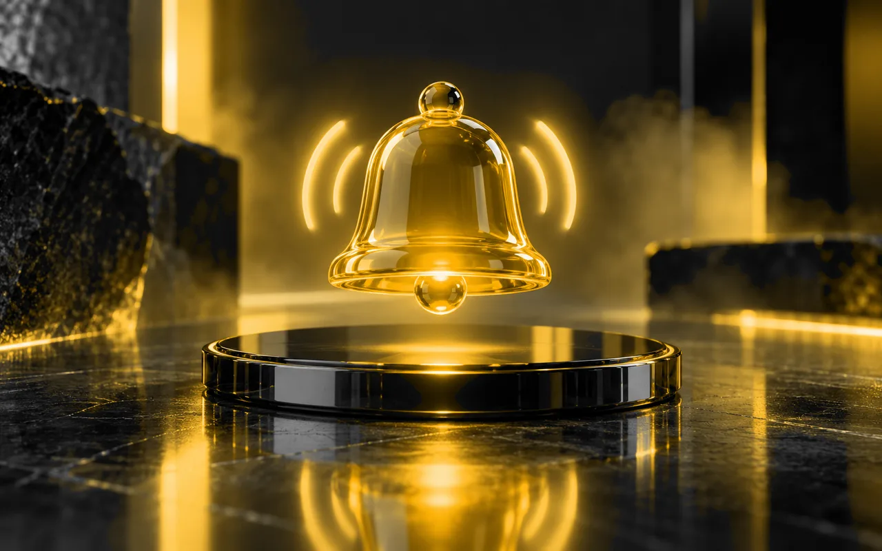 Amber glass notification bell over a dark tray
