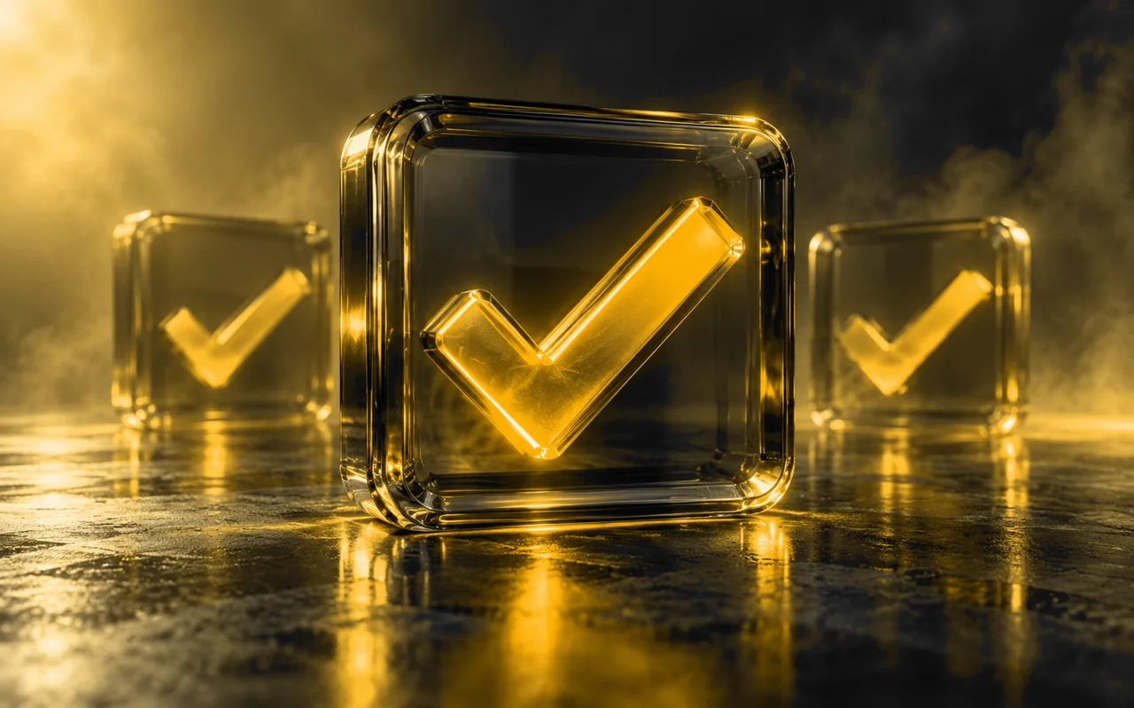 Amber checkmark inside a glass approval tile