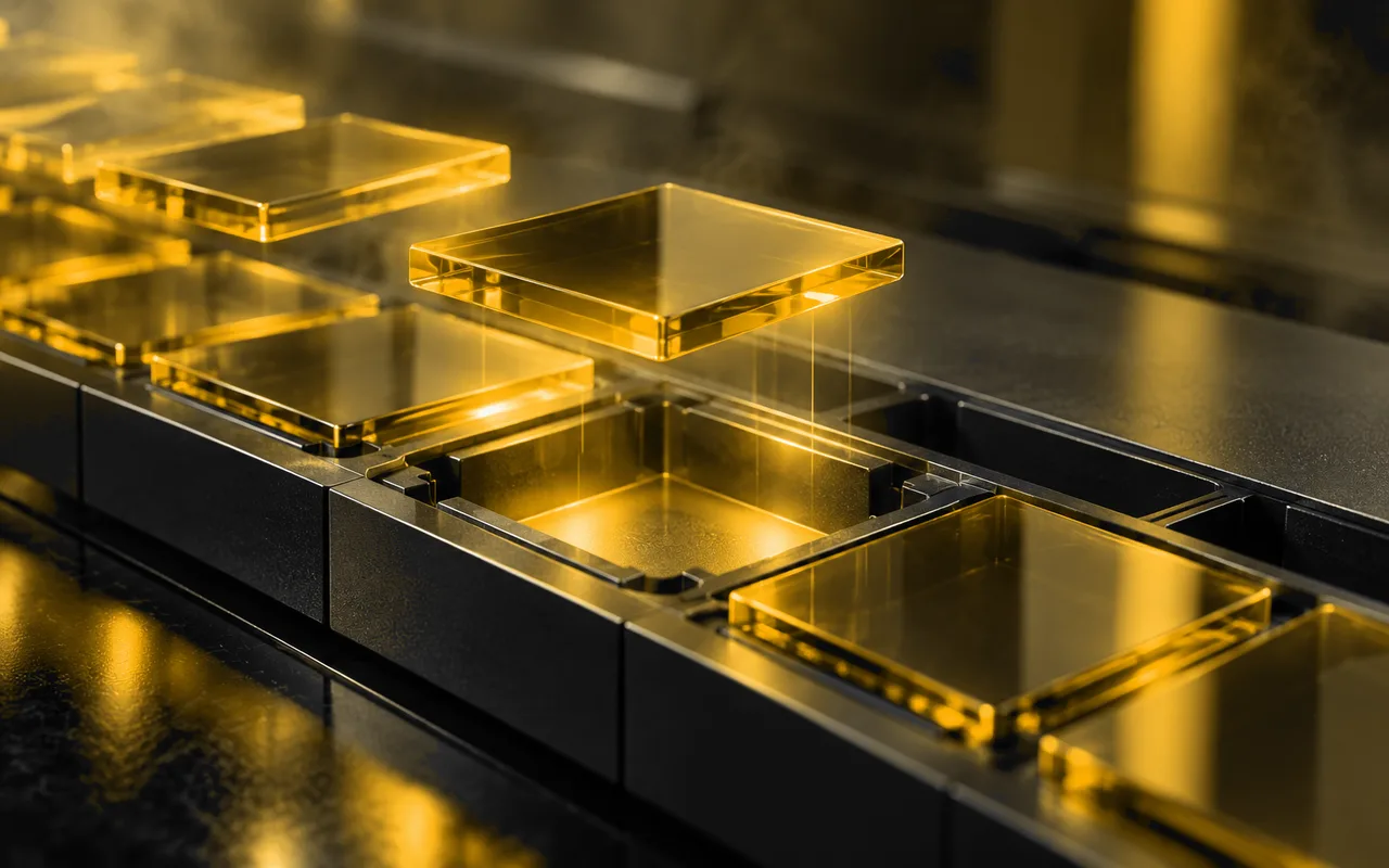 Glass data tiles aligning into an organized tray