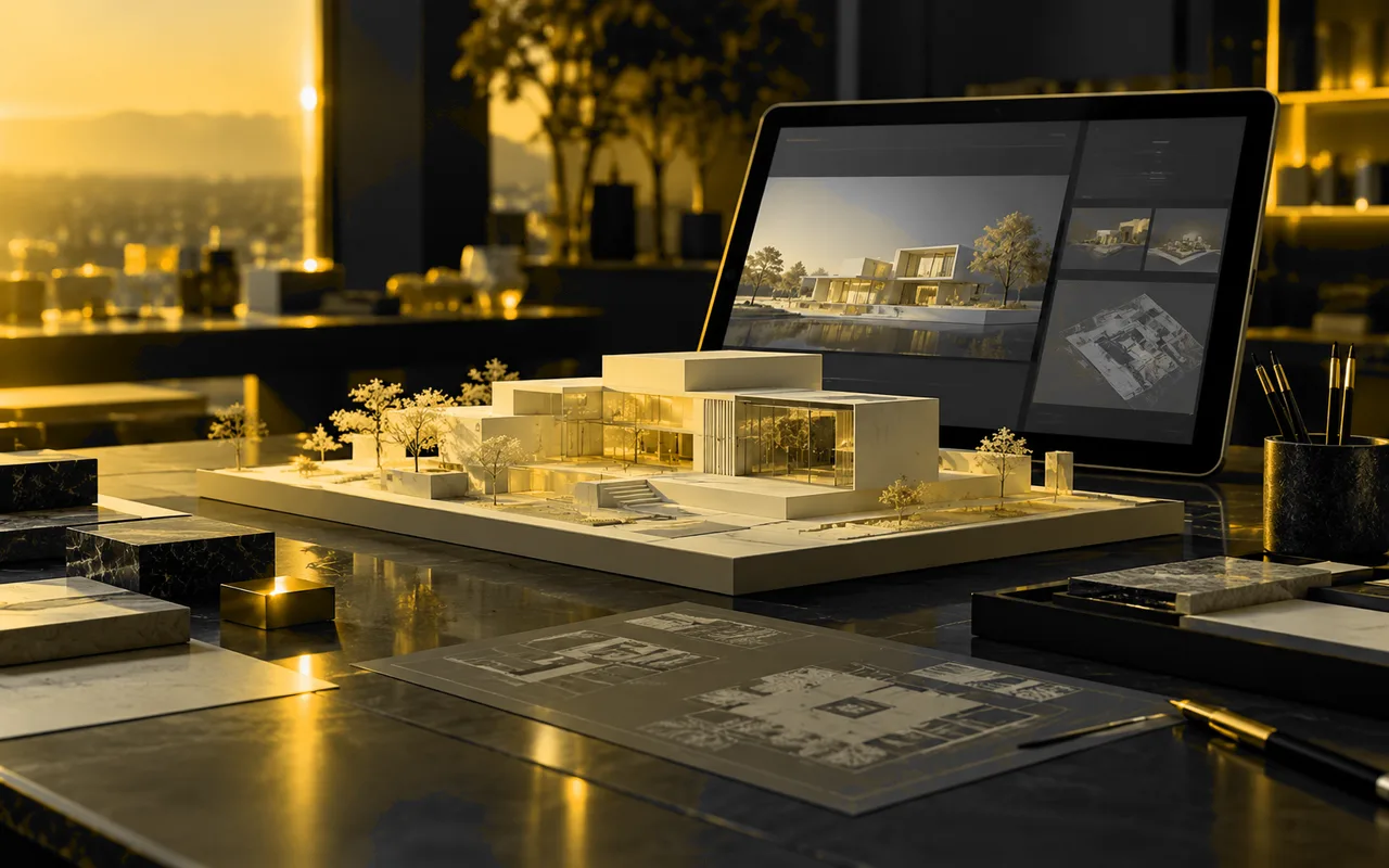 Architectural model and tablet with project panels