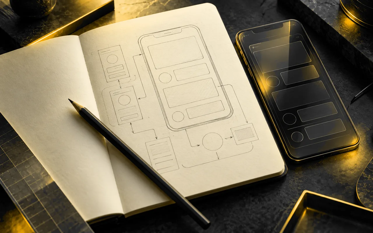 Blank interface wireframe on paper beside a glass prototype and pencil