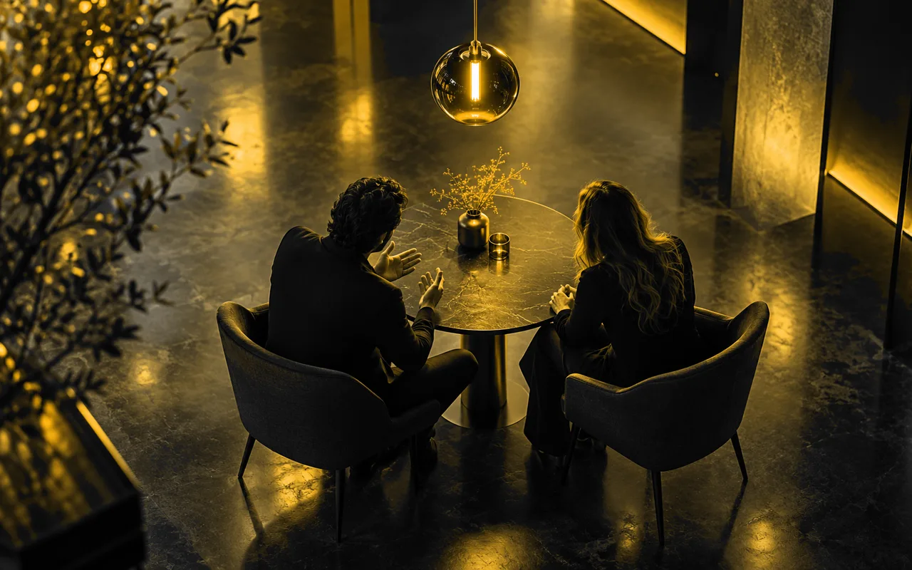 Two anonymous people talking across a table, faces hidden