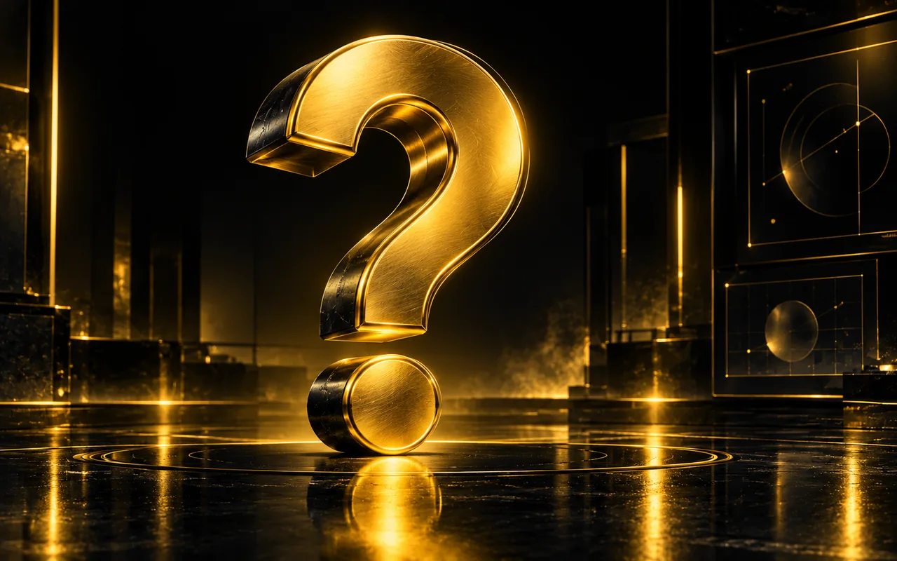 Golden question mark on a dark stage with amber interface lights