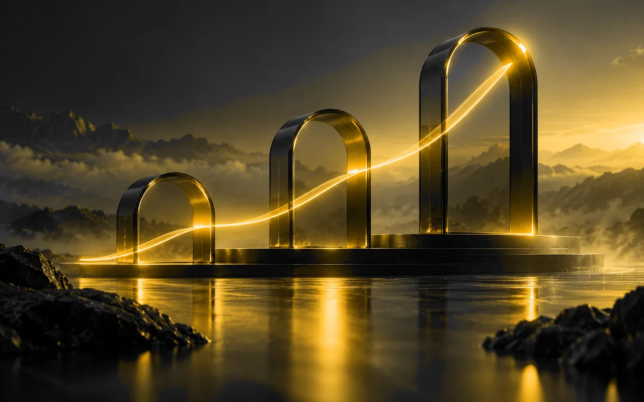 Successively taller glass arches joined by an amber ribbon