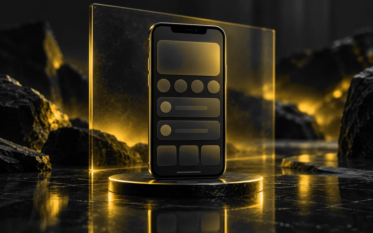 Teléfono sin marca con paneles de una app sin texto