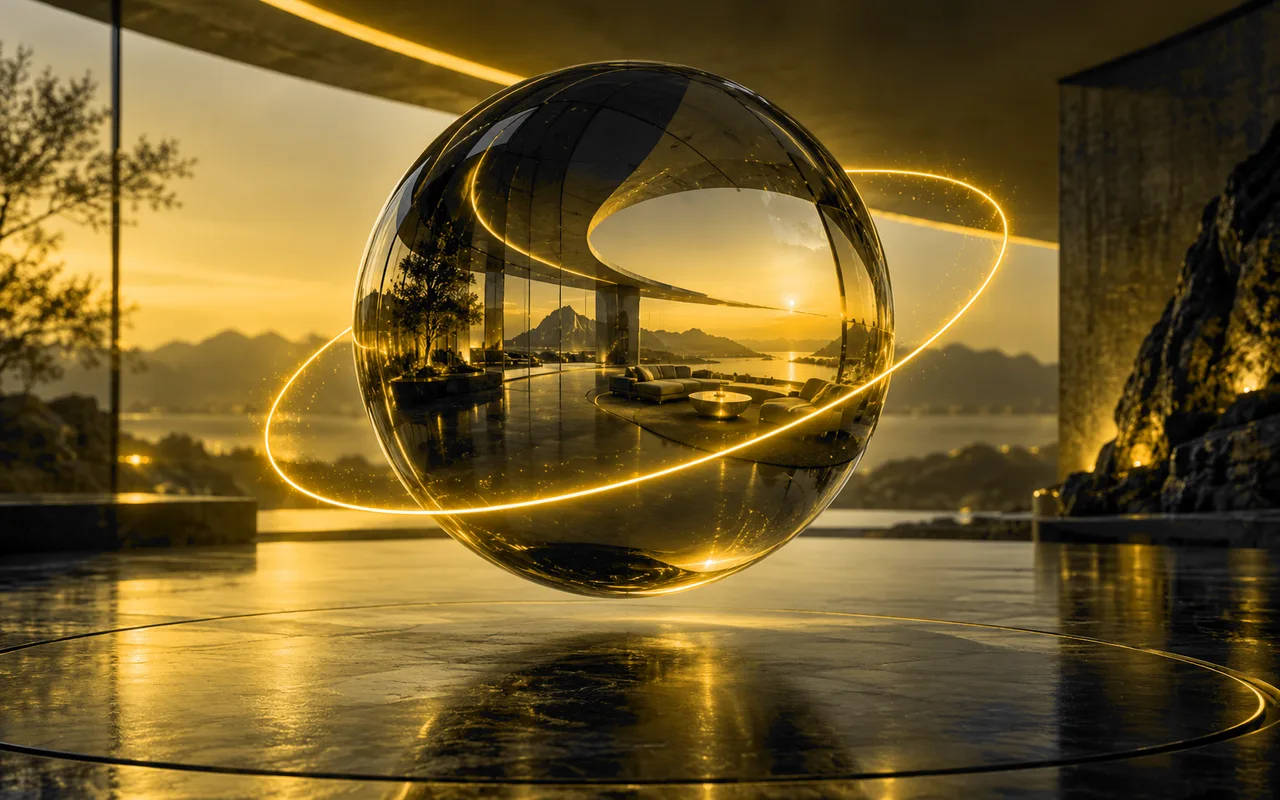 Spherical glass lens with a panoramic architectural interior