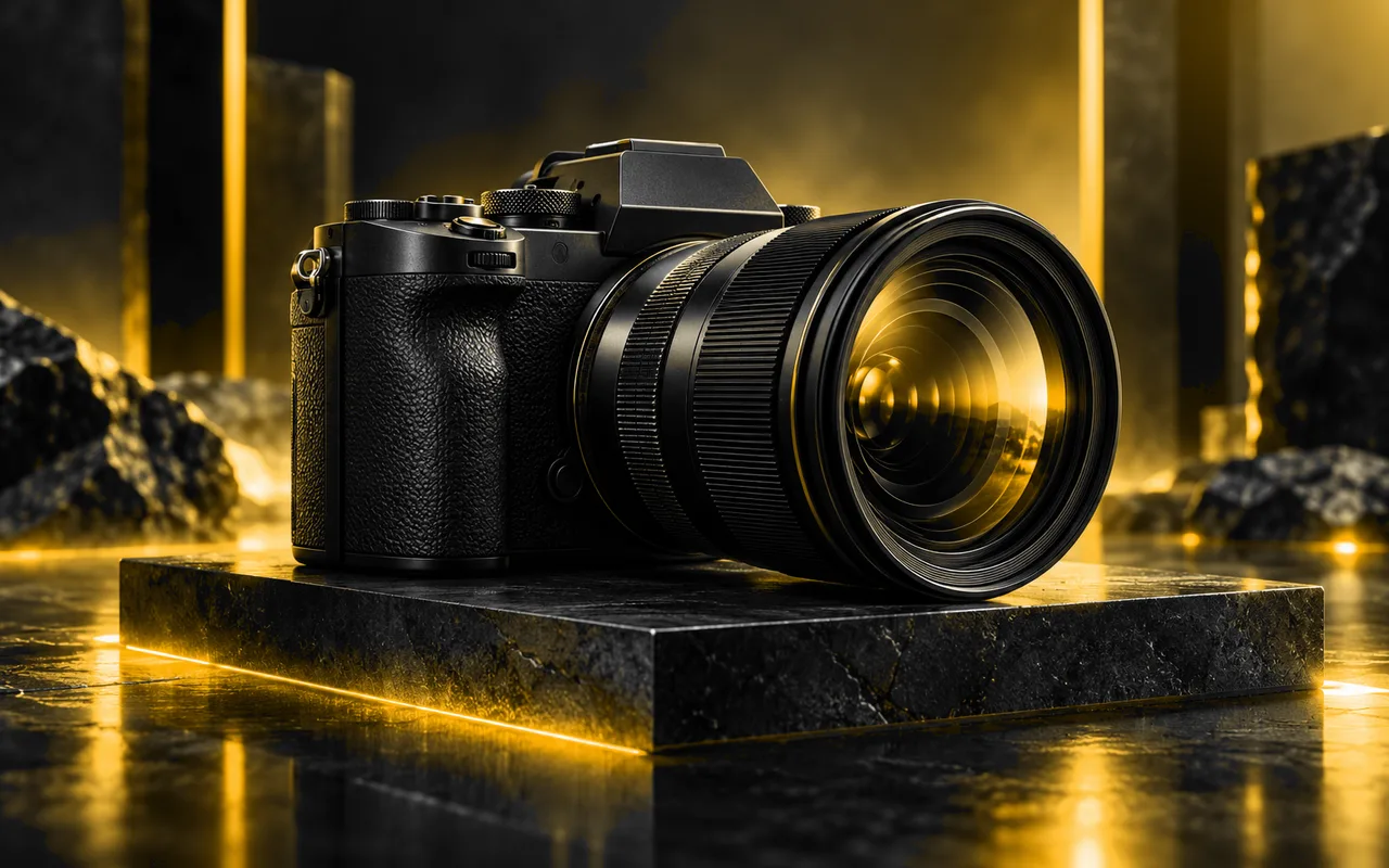 Unbranded camera on a graphite studio pedestal