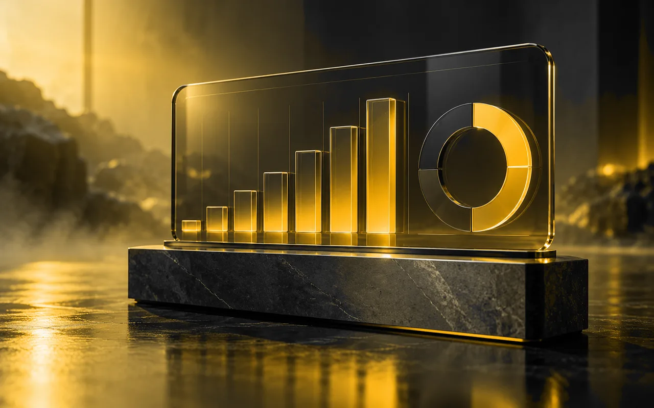 Amber bar and ring charts on a glass dashboard