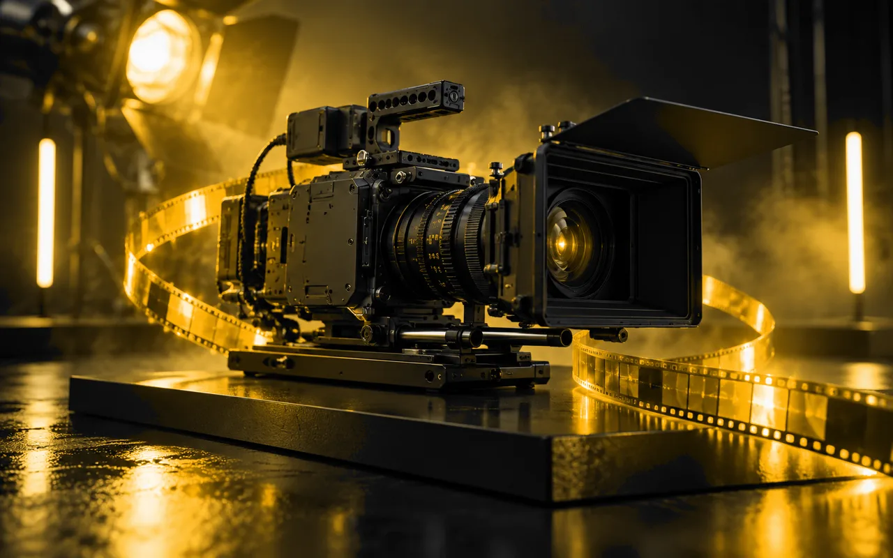 Cinema camera beside a ribbon of amber light