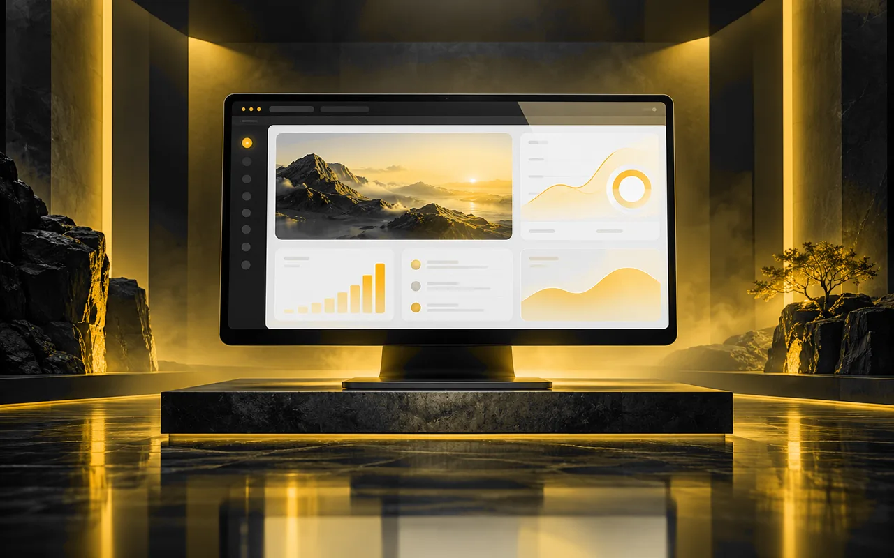 Desktop browser dashboard in a graphite alcove